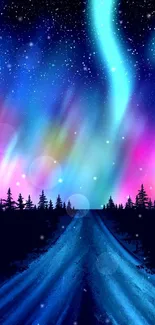 Vibrant aurora borealis illuminating a starry night sky with forest silhouette.