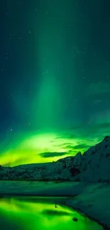 Northern Lights over snowy landscape reflecting on a calm lake at night.