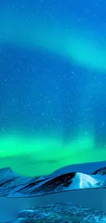 Aurora Borealis over snowy mountains with starry night sky.