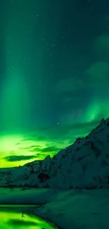 Stunning view of aurora over snowy mountains, reflecting in icy waters.