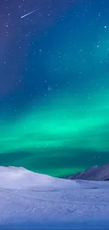 Aurora Borealis over snowy landscape at night.