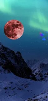 Aurora borealis with a full moon over snowy mountains and midnight sky.