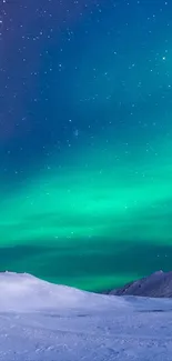 Aurora Borealis illuminating the clear night sky over a snowy landscape.