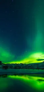 Green Aurora Borealis lights up the starry night sky above icy mountains.