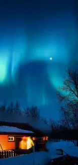 Aurora Borealis over winter landscape at night.