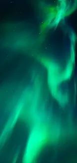 Aurora Borealis displaying vivid green lights in the night sky.