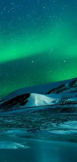 Vibrant Aurora Borealis over snowy landscape under a starry night sky.