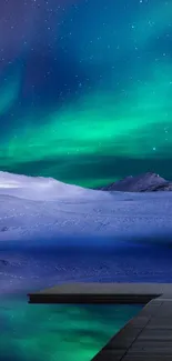 Aurora Borealis over snowy mountains and night sky reflection.