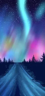 Colorful aurora borealis over forest at night.