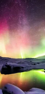 Vibrant aurora over a snowy night landscape reflecting in water.