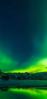 Aurora Borealis over mountains under starry night sky.