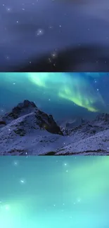 Aurora Borealis over snowy mountains with a starry night sky.