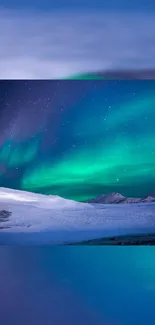 Cyan-hued Aurora Borealis over snowy mountains under a starry night sky.