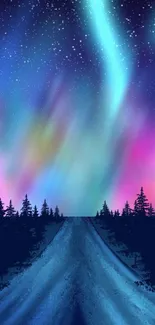 Mobile wallpaper featuring aurora borealis and a starry night over silhouetted trees.