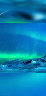 Aurora Borealis over snowy mountains with vibrant night sky.