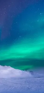 Northern lights glowing in starry night over snowy hills.