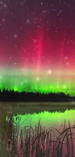 Vibrant aurora borealis over a peaceful forest reflected on a calm lake under a starry sky.