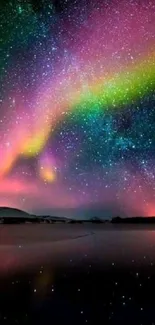 Vibrant aurora borealis illuminating the night sky with stars and reflections.