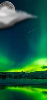 Vibrant aurora borealis with moon over mountainous landscape.