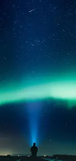 Silhouette with Aurora Borealis in the starry night sky.