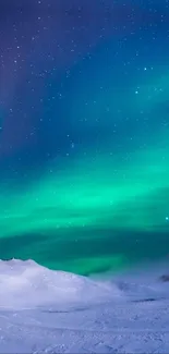 Vibrant Aurora Borealis over snowy landscape at night.