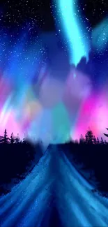 Colorful aurora borealis night sky with trees and stars.