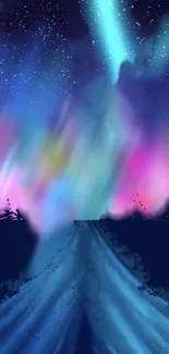 Colorful aurora borealis over a night sky with forest silhouette.