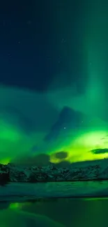 Vibrant Aurora Borealis over snowy landscape with starry night sky.