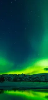 Vibrant aurora borealis with green hues illuminating a serene starlit night sky.