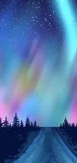 Colorful aurora borealis over a dark forest night sky.