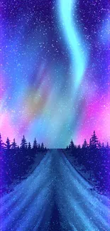 Aurora borealis lights up a starry night sky over a serene forest path.