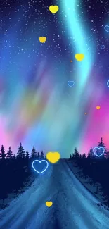 Enchanting aurora with colorful night sky and forest silhouette.