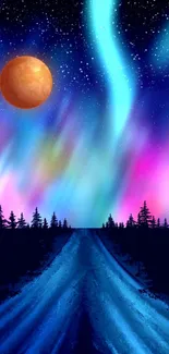 Vibrant aurora borealis night sky with starry background and moon.