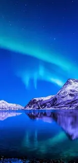 Northern lights over snowy mountains reflecting in a blue lake under a starry sky.