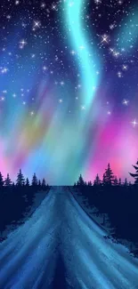 Majestic aurora borealis above a forest at night, with stars in a colorful sky.