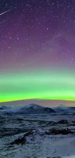 Vibrant Aurora Borealis illuminating the snowy landscape under a starry night sky.