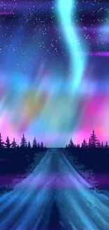 Scenic wallpaper of Aurora Borealis over a forest with vibrant colors and starry sky.