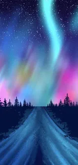 Colorful aurora borealis over a forest and snowy road at night.