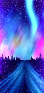 Vibrant aurora borealis above a starry night sky, illuminating a serene pathway.