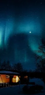 Stunning aurora borealis lights over winter cabin at night.