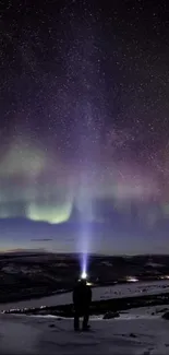 Aurora Borealis illuminating a snowy landscape under a starry night sky.