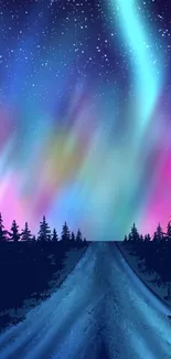 Aurora Borealis over forest with vibrant night sky.