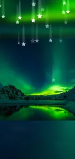 Aurora borealis over snowy mountains with starry sky.