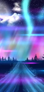 Night sky with aurora borealis over a forest and road.