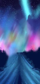 Colorful aurora borealis painting over a starry night sky with pine trees.