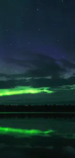 Captivating aurora borealis reflecting on a tranquil lake at night.