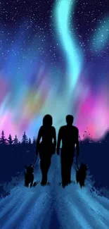 Couple with dogs under northern lights on a starry night background.