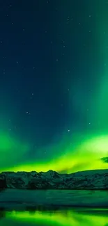 Vibrant aurora borealis over snowy mountains with a starry night sky.