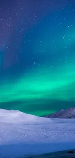 Aurora Borealis over snowy mountains, teal night sky.