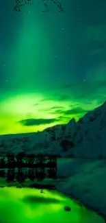 Green aurora lights over snowy mountains reflecting in calm water.